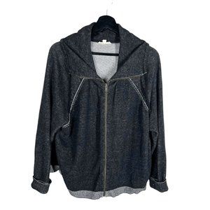 Eileen Fisher Black Grey Marled Organic Cotton Zip Up Wide Collar Sweater Large